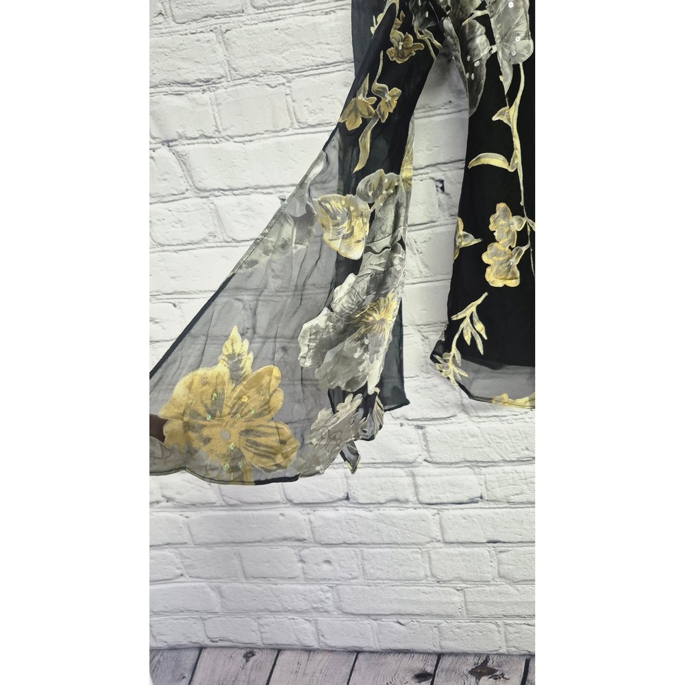 Sheer Black Floral Bell Sleeve Blouse with Sequins‎ and Lettuce Edge Hem - Picture 3 of 9